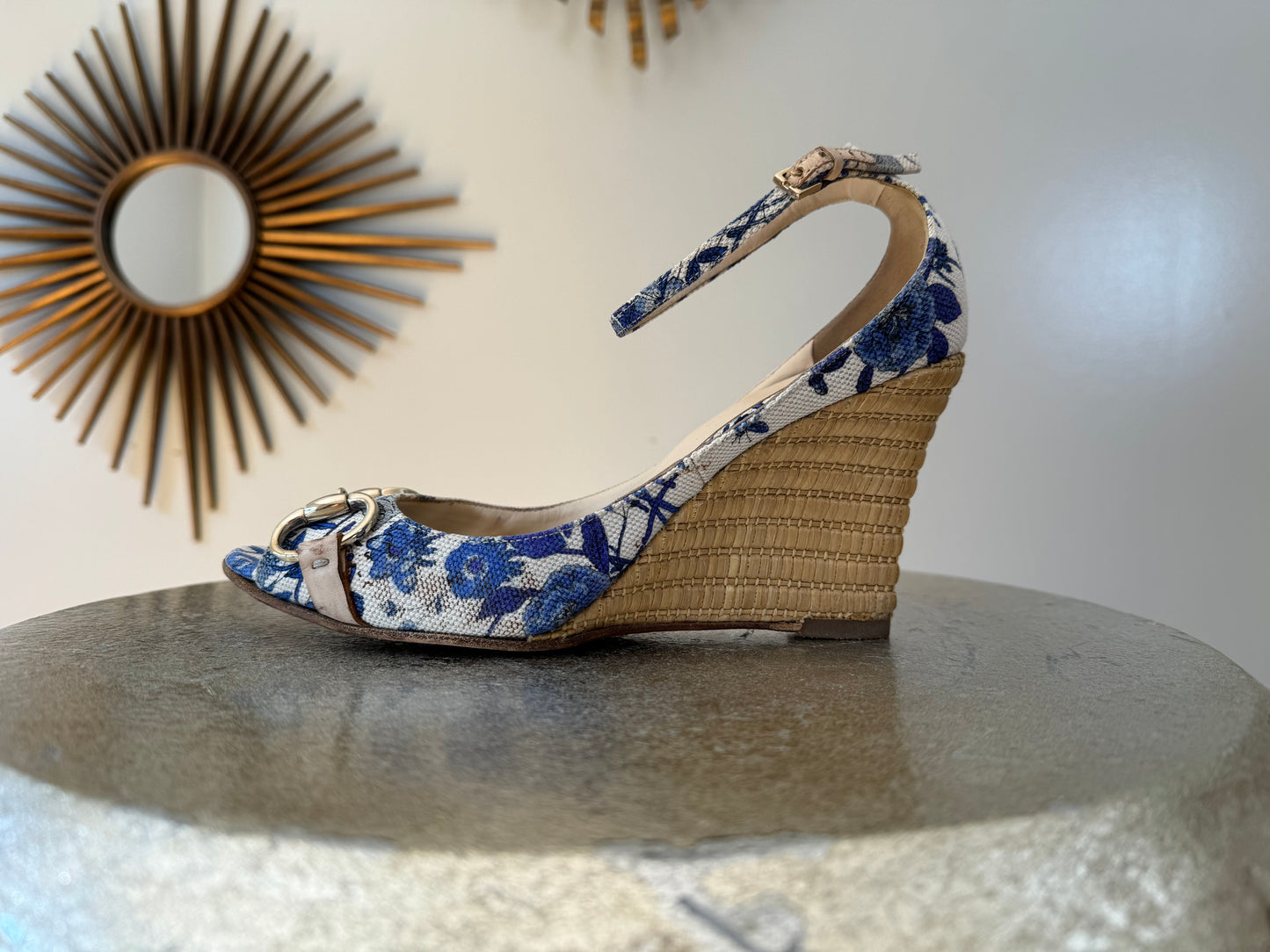 GUCCI -  Blue Floral Horsebit Raffia Wedge Sandals