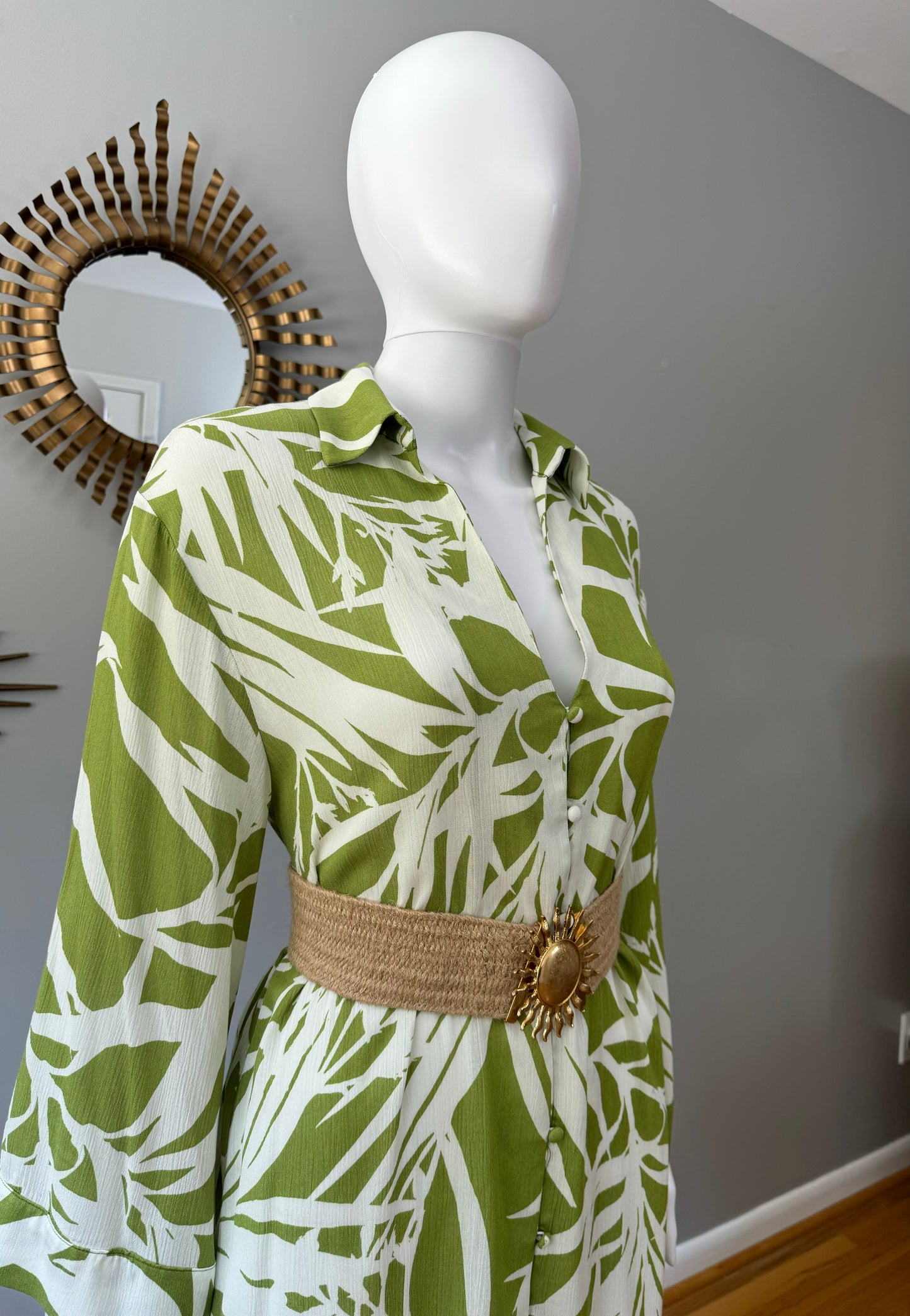 ZARA- Green Leaf Printed Kaftan Midi Dress