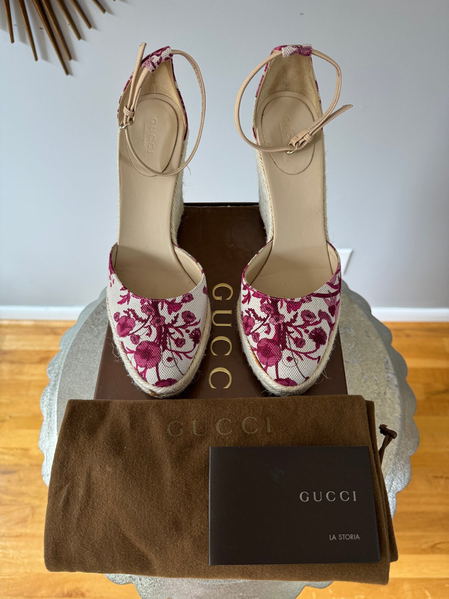 GUCCI - Red Floral Canvas Wedge Espadrilles