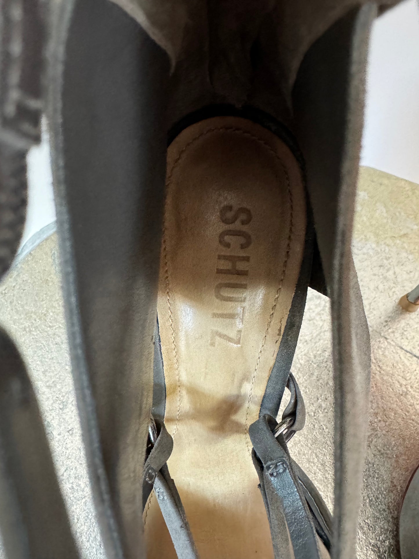 Schutz - Dezi Gray Suede Harness Heels
