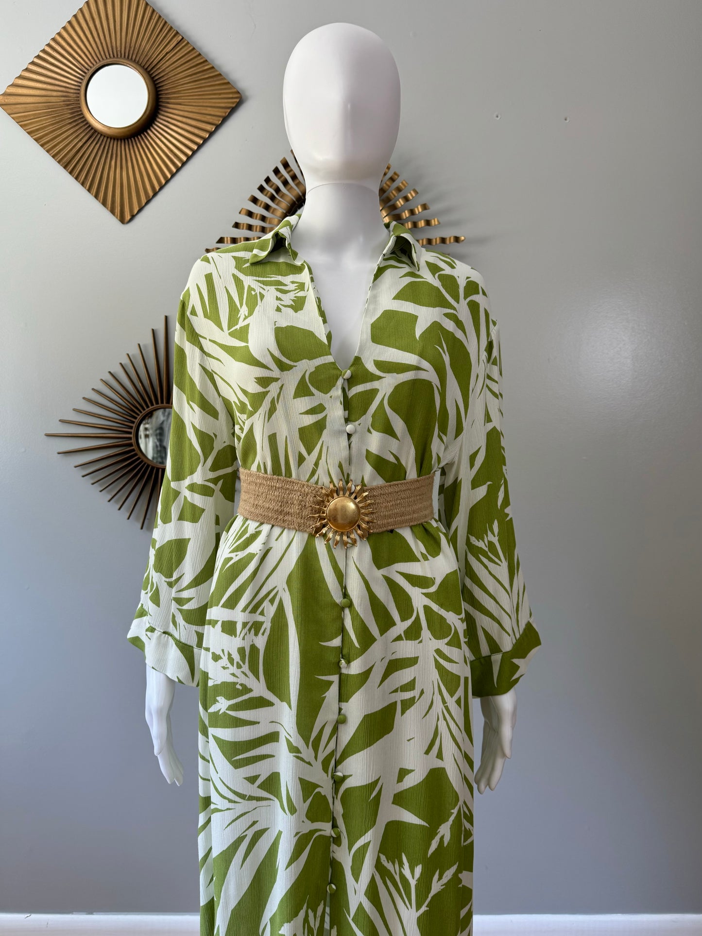 ZARA- Green Leaf Printed Kaftan Midi Dress