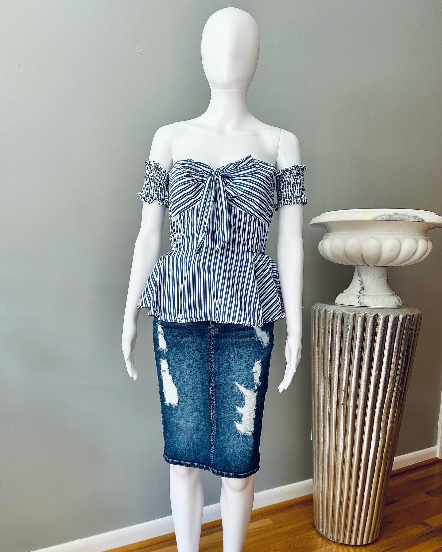 BEBE - Blue Off Shoulder Peplum Top w/ Bow Detail