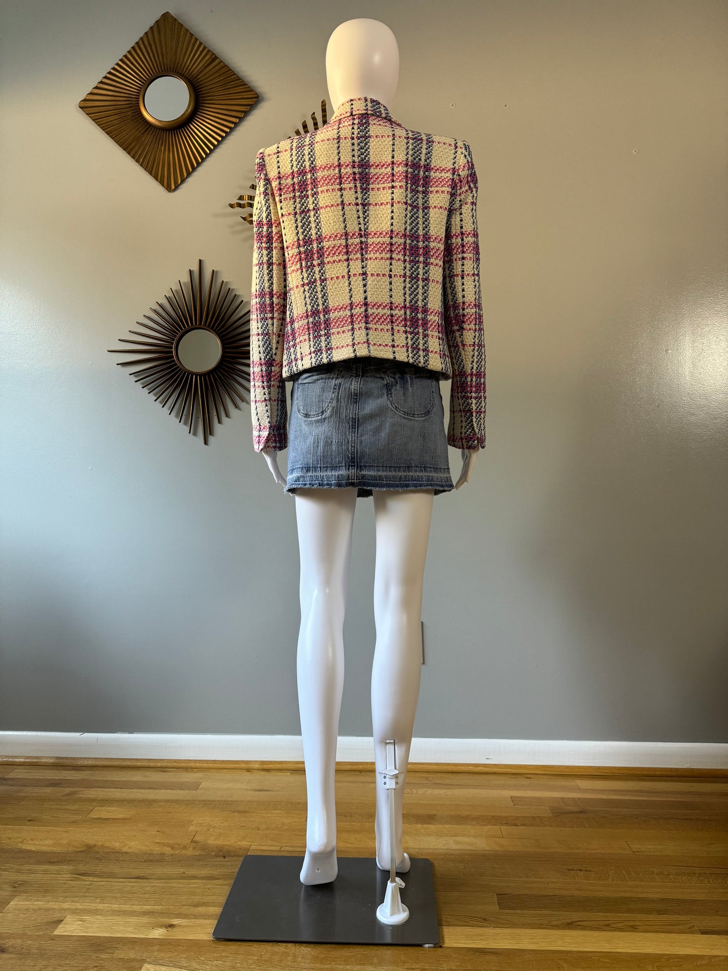 ZARA - BLUE & PINK PLAID TWEED DOUBLE BREASTED BLAZER