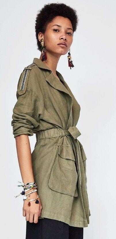ZARA - Khaki Green Linen Trench Jacket