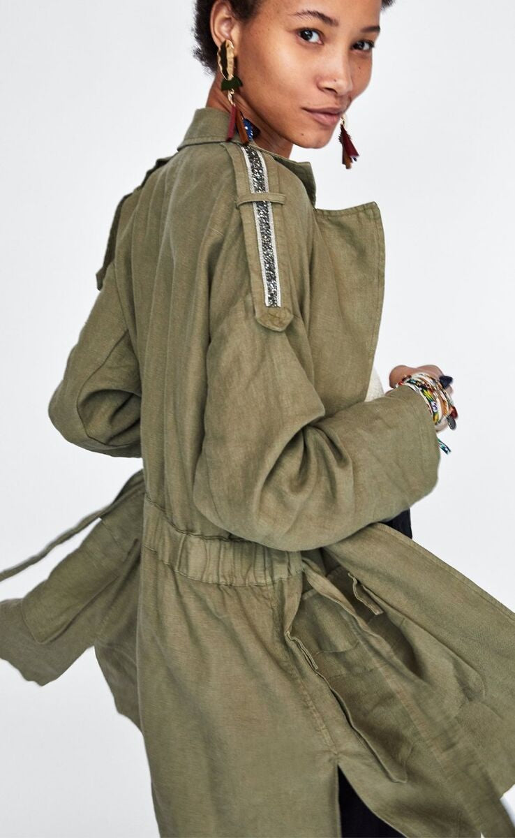 ZARA - Khaki Green Linen Trench Jacket