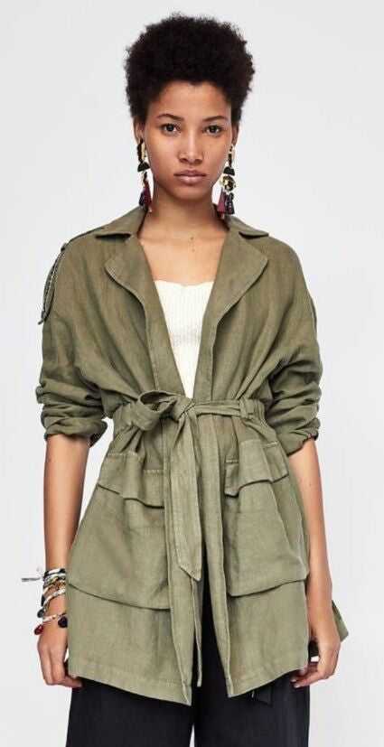 ZARA - Khaki Green Linen Trench Jacket