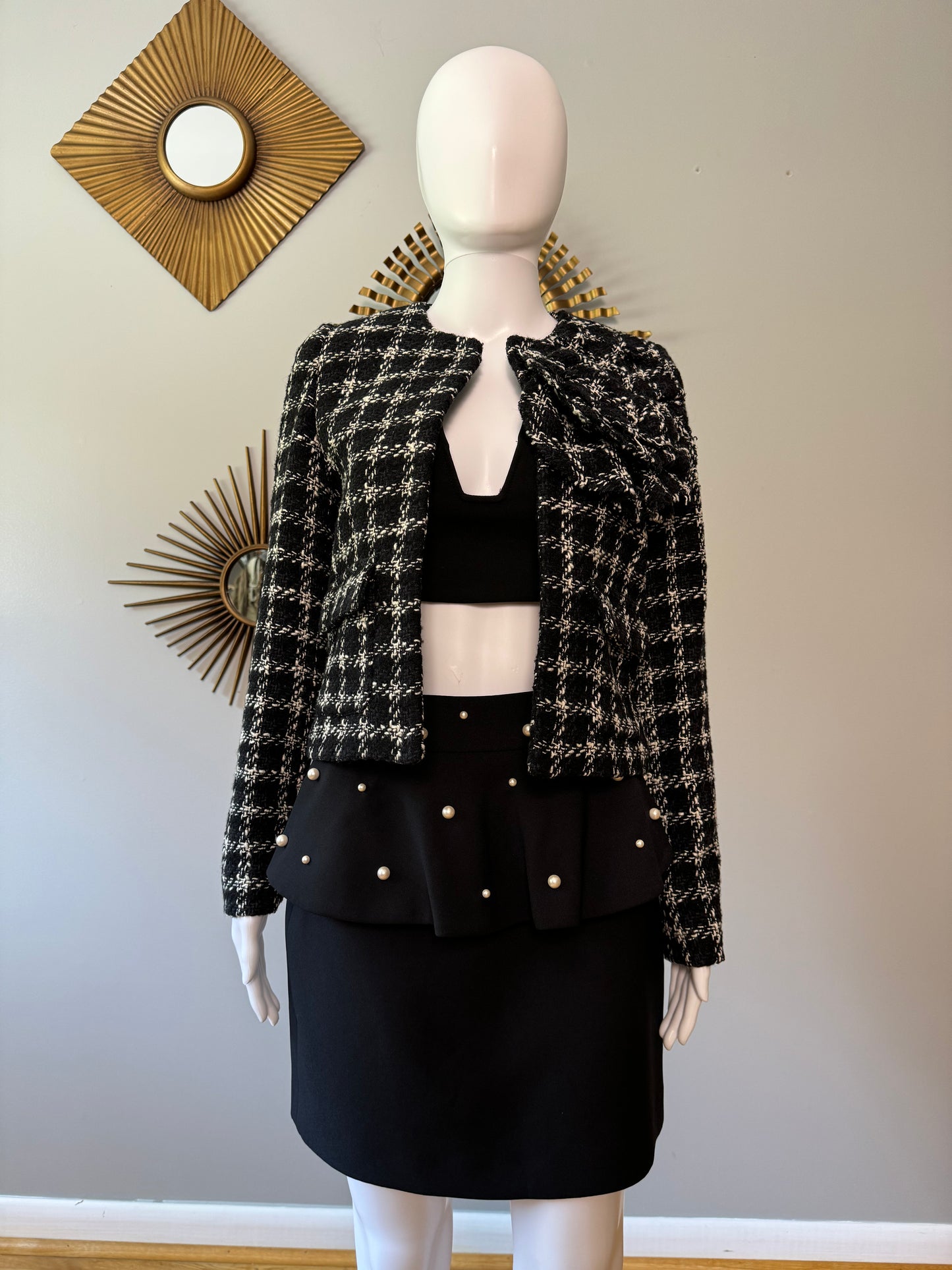 MANGO - Black & White Maxi Floral Tweed Blazer
