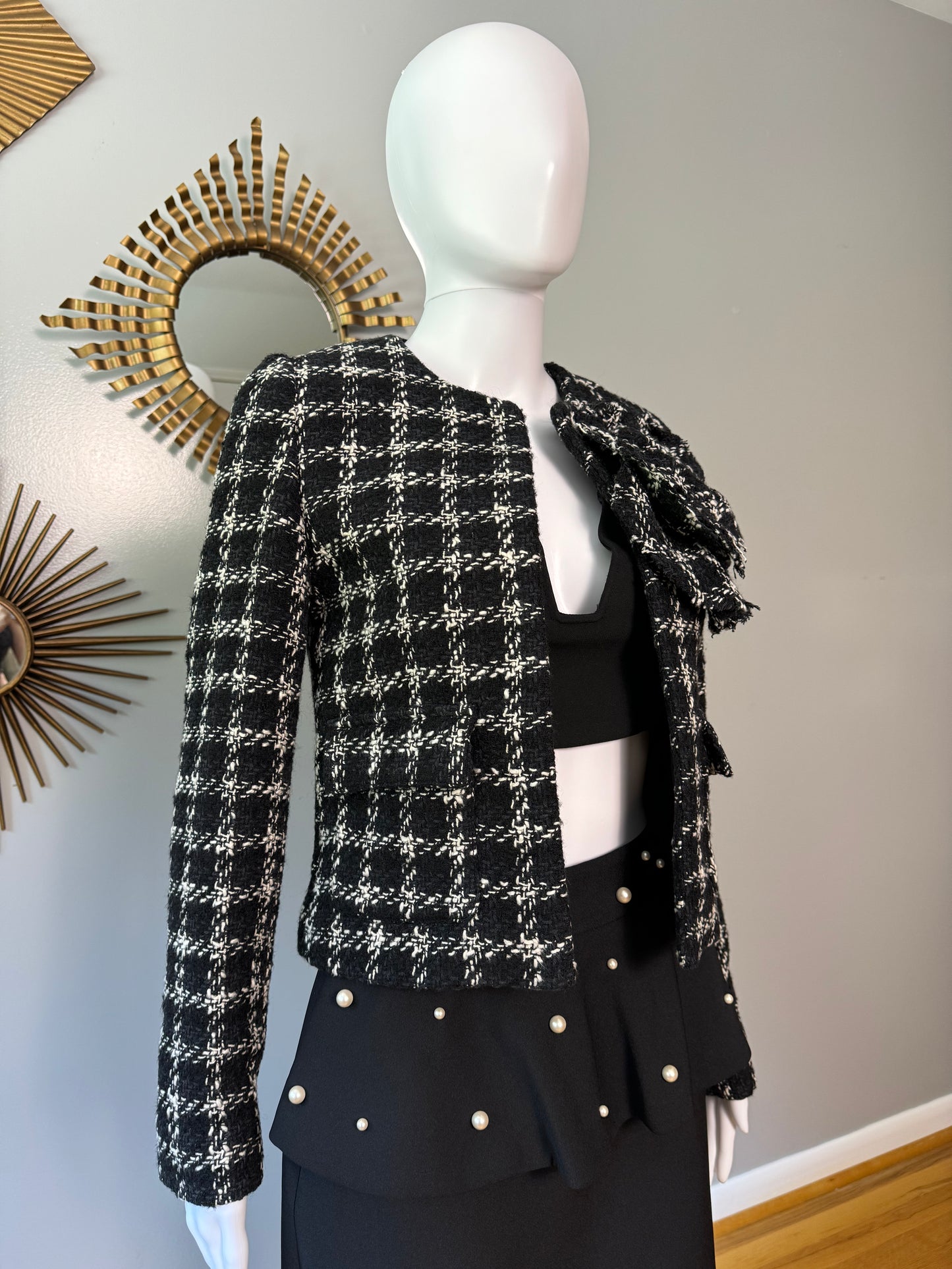 MANGO - Black & White Maxi Floral Tweed Blazer