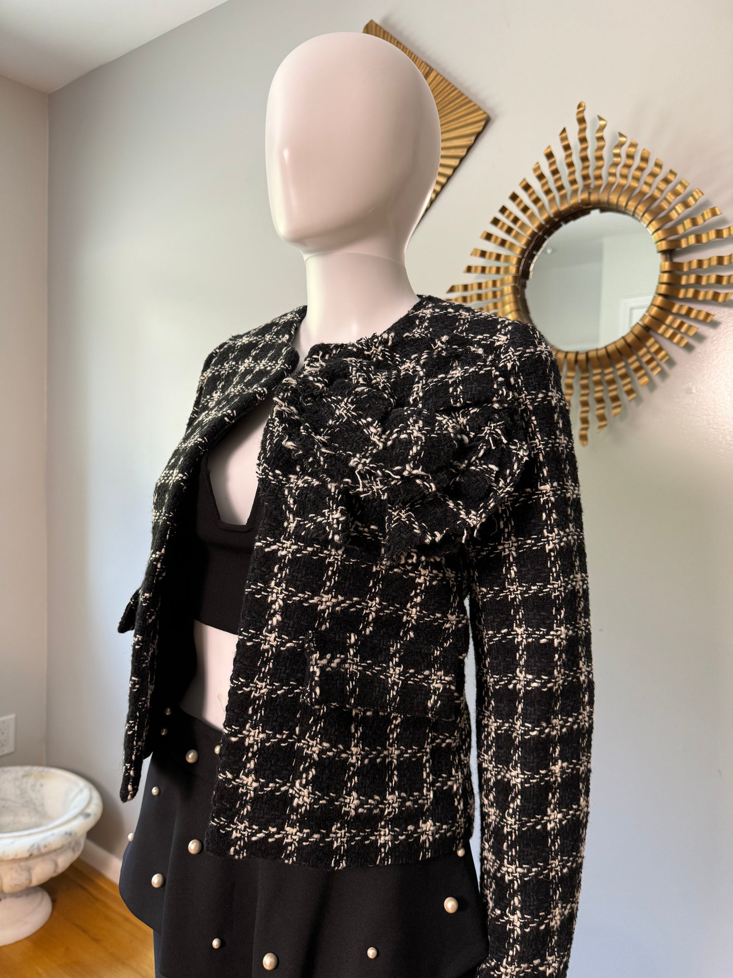 MANGO - Black & White Maxi Floral Tweed Blazer