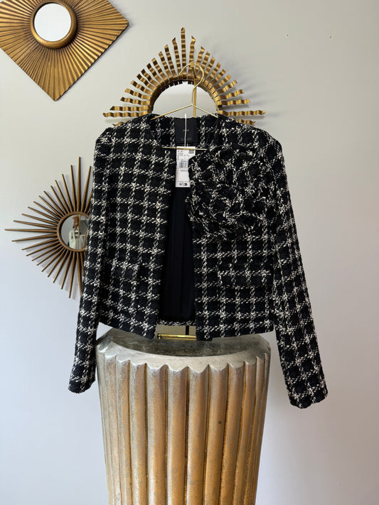 MANGO - Black & White Maxi Floral Tweed Blazer