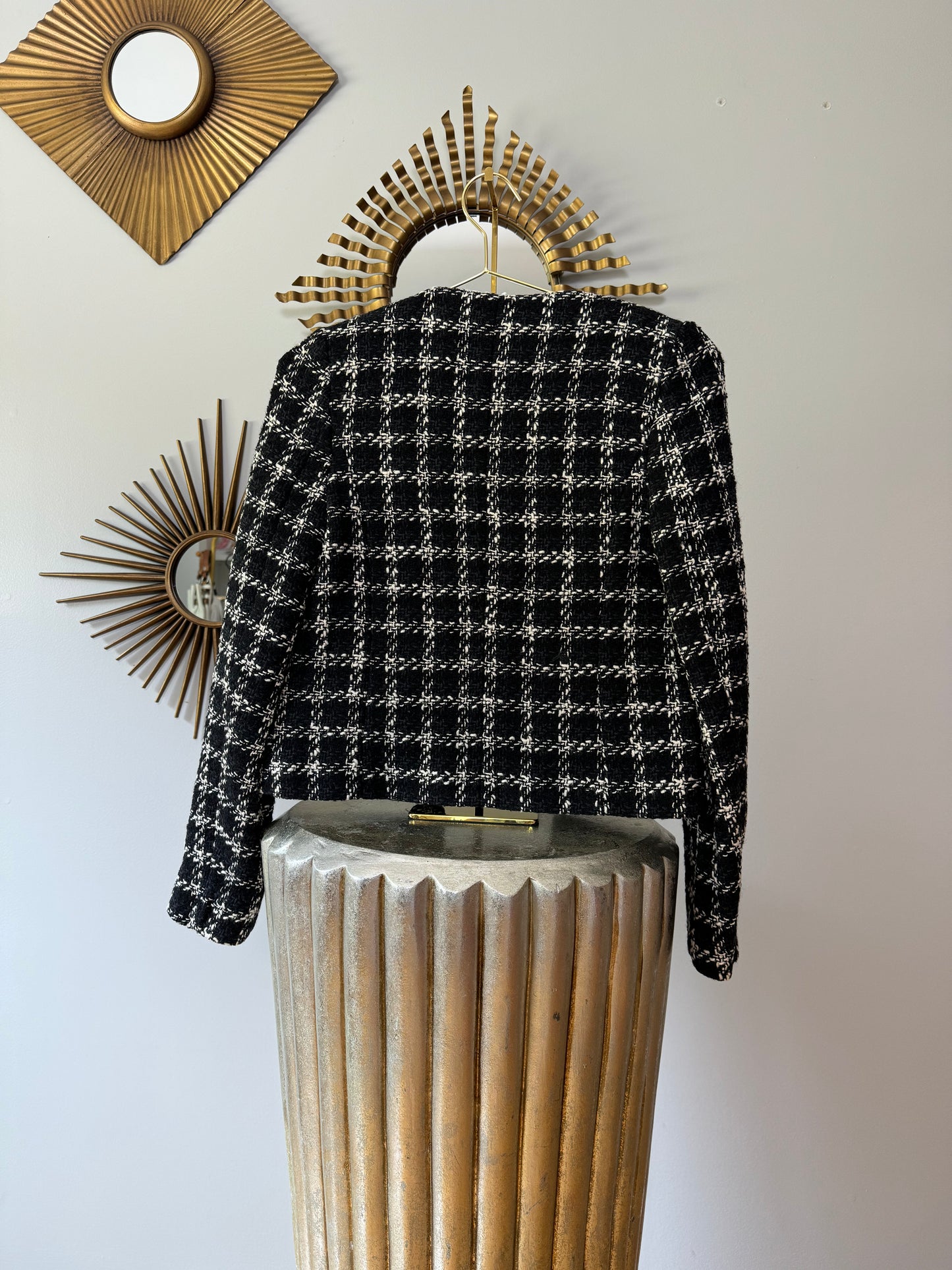 MANGO - Black & White Maxi Floral Tweed Blazer