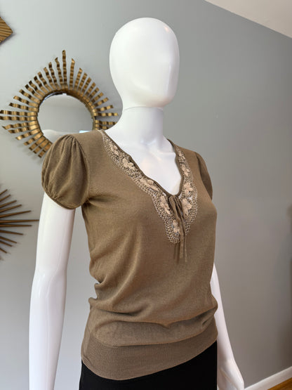 Elie Tahari - Brown Crochet Neck Top
