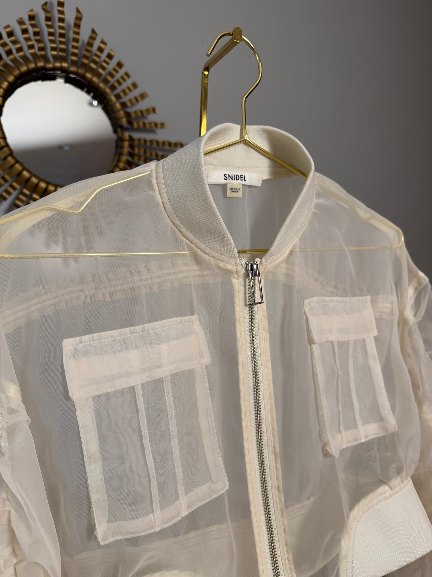 SNIDEL - Beige Sheer Cropped Bomber Jacket