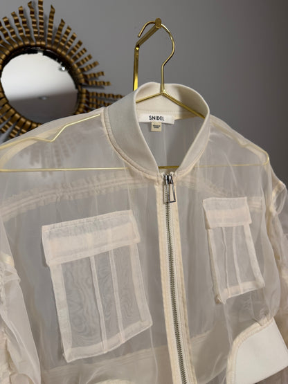 SNIDEL - Beige Sheer Cropped Bomber Jacket