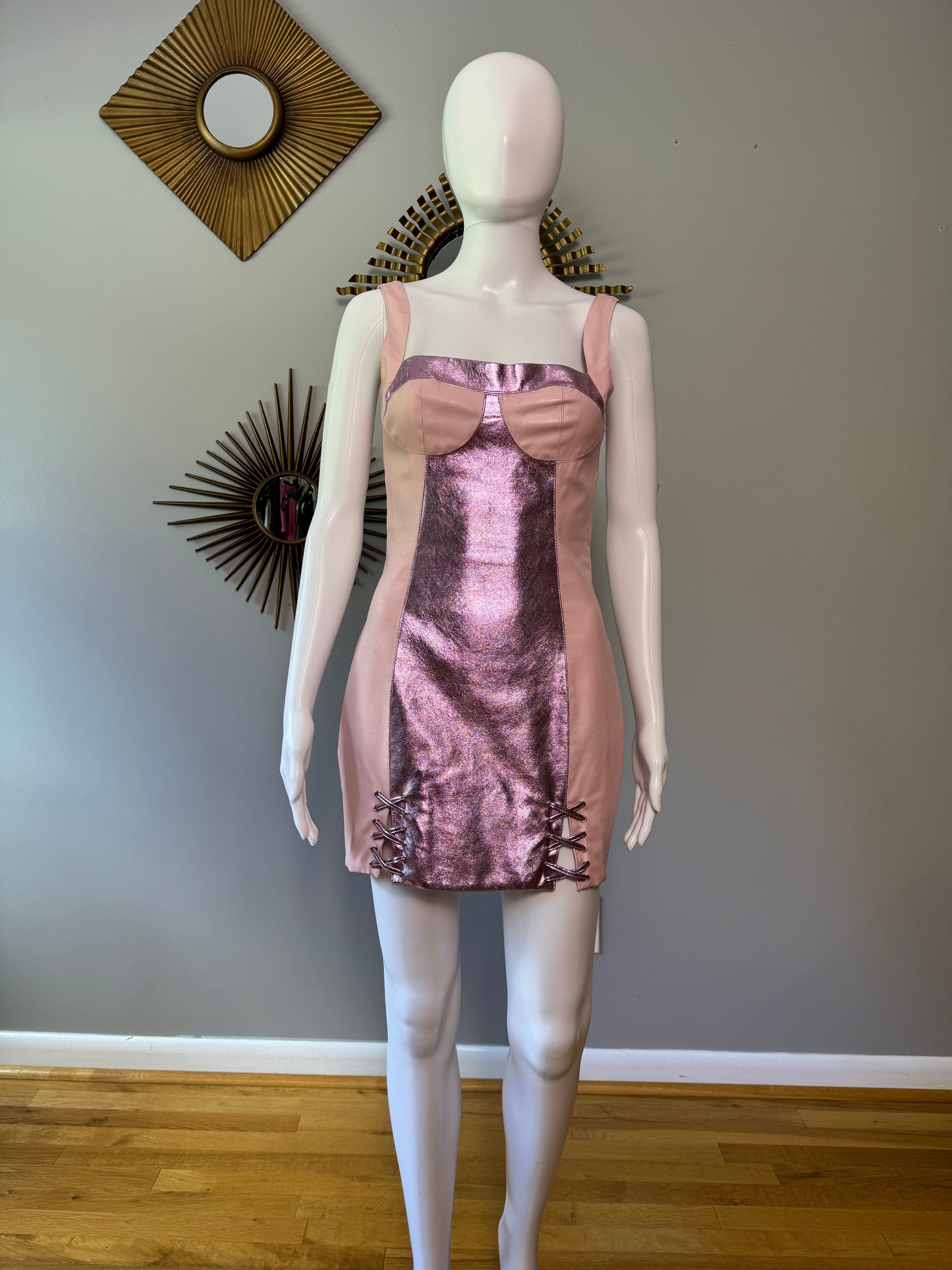 H:ours - Pink Faux Leather Mini Dress W/ Metallic Panels