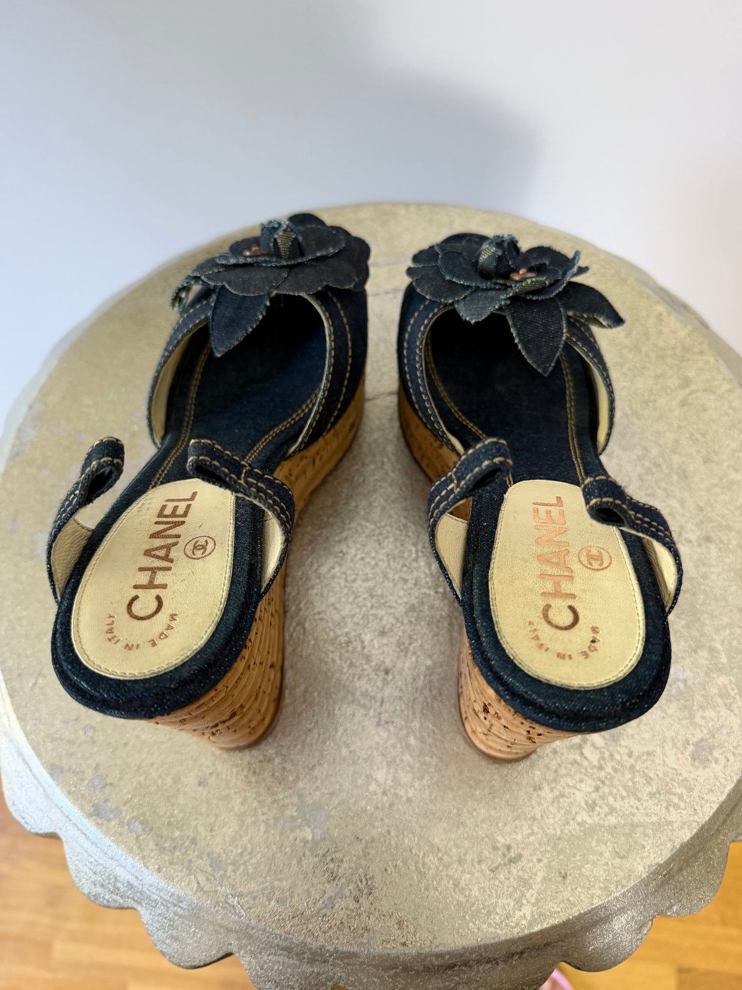 CHANEL - Blue Denim Camellia Cork Platform Slingback Wedges