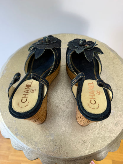 CHANEL - Blue Denim Camellia Cork Platform Slingback Wedges