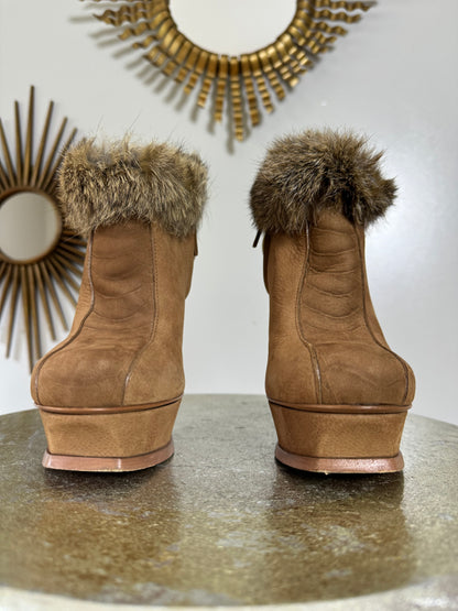 YSL - Tan Tribute Suede Booties With Fur Cuff