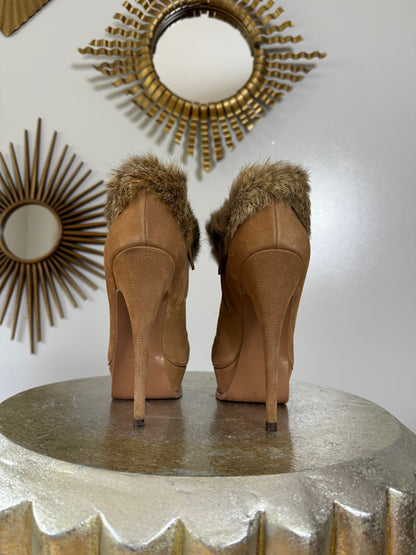 YSL - Tan Tribute Suede Booties With Fur Cuff