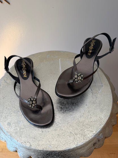 Yves Saint Laurent Black Jeweled T-Strap Slingback Sandals
