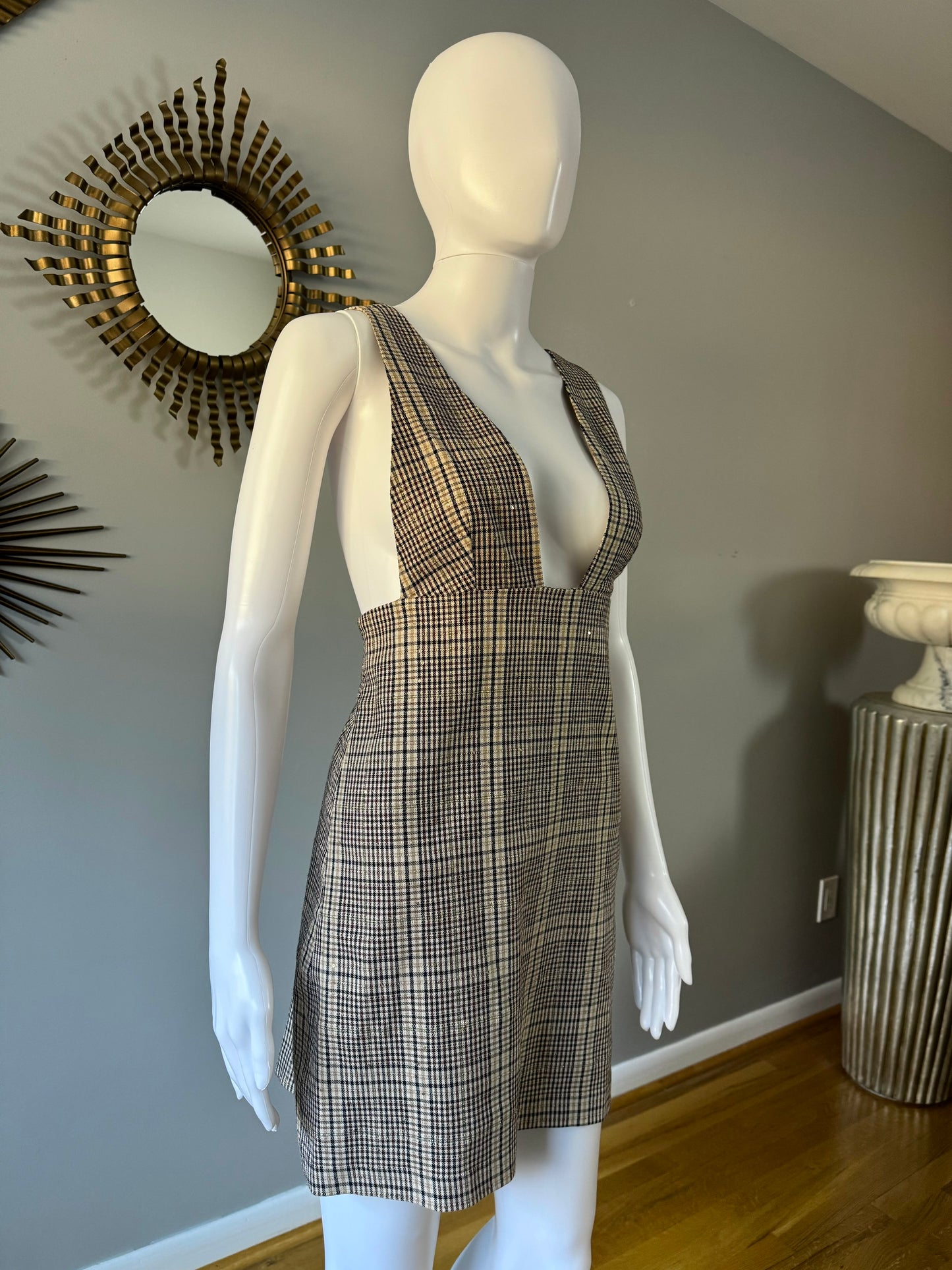 ZARA - Brown Plaid Pinafore Deep V Neck Dress