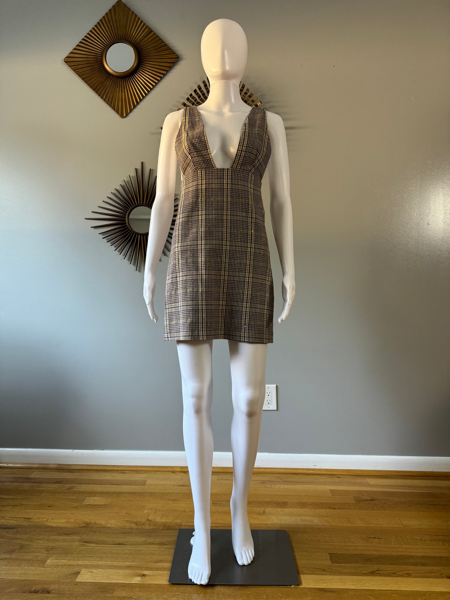 ZARA - Brown Plaid Pinafore Deep V Neck Dress