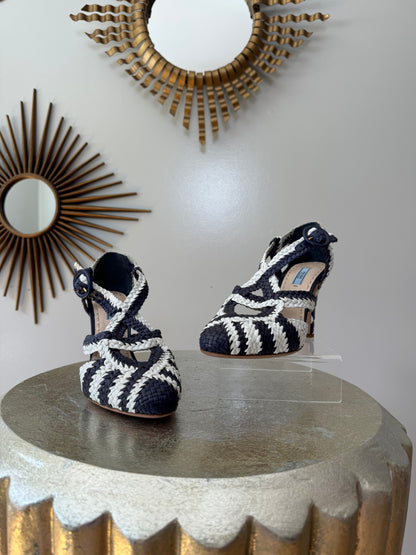 PRADA - White & Blue Spring 2011 Woven Pumps