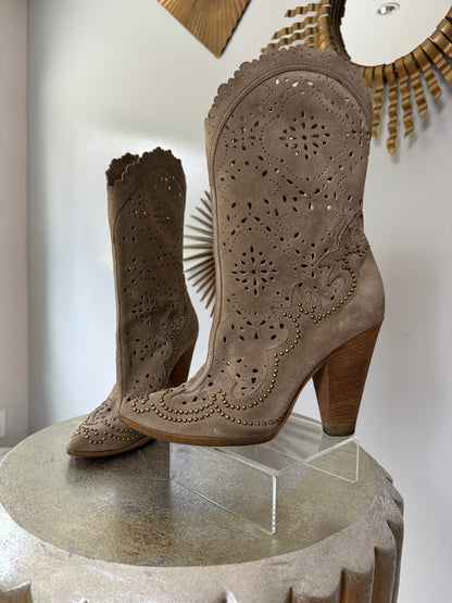 Dolce & Gabbana - Tan Laser Cut Suede Western Boots