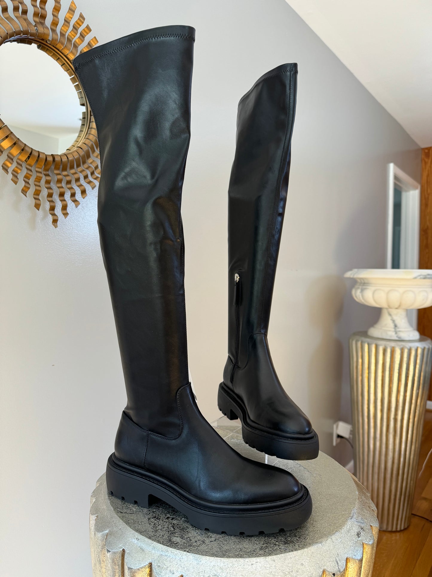 ZARA- Black Over The Knee Lug Sole Boots