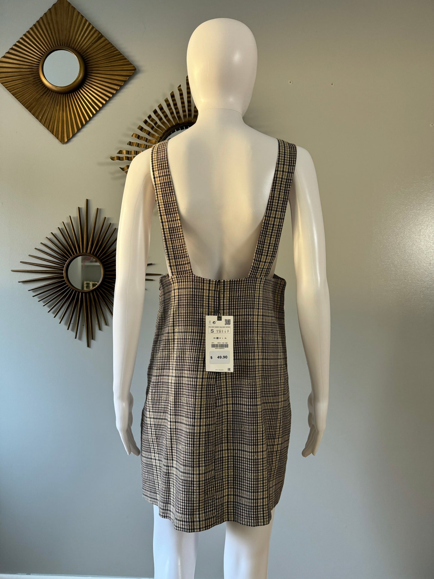 ZARA - Brown Plaid Pinafore Deep V Neck Dress