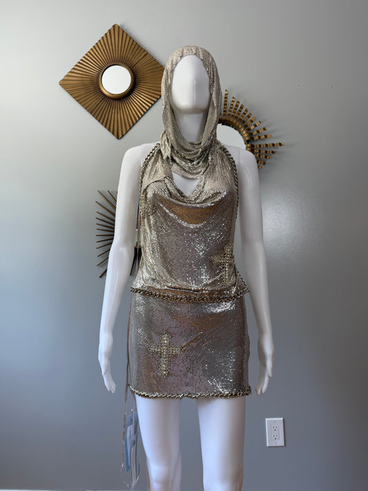 The Dolls House Silver Chainmail Set – Metallic Hooded Top & Mini Skirt Statement Outfit