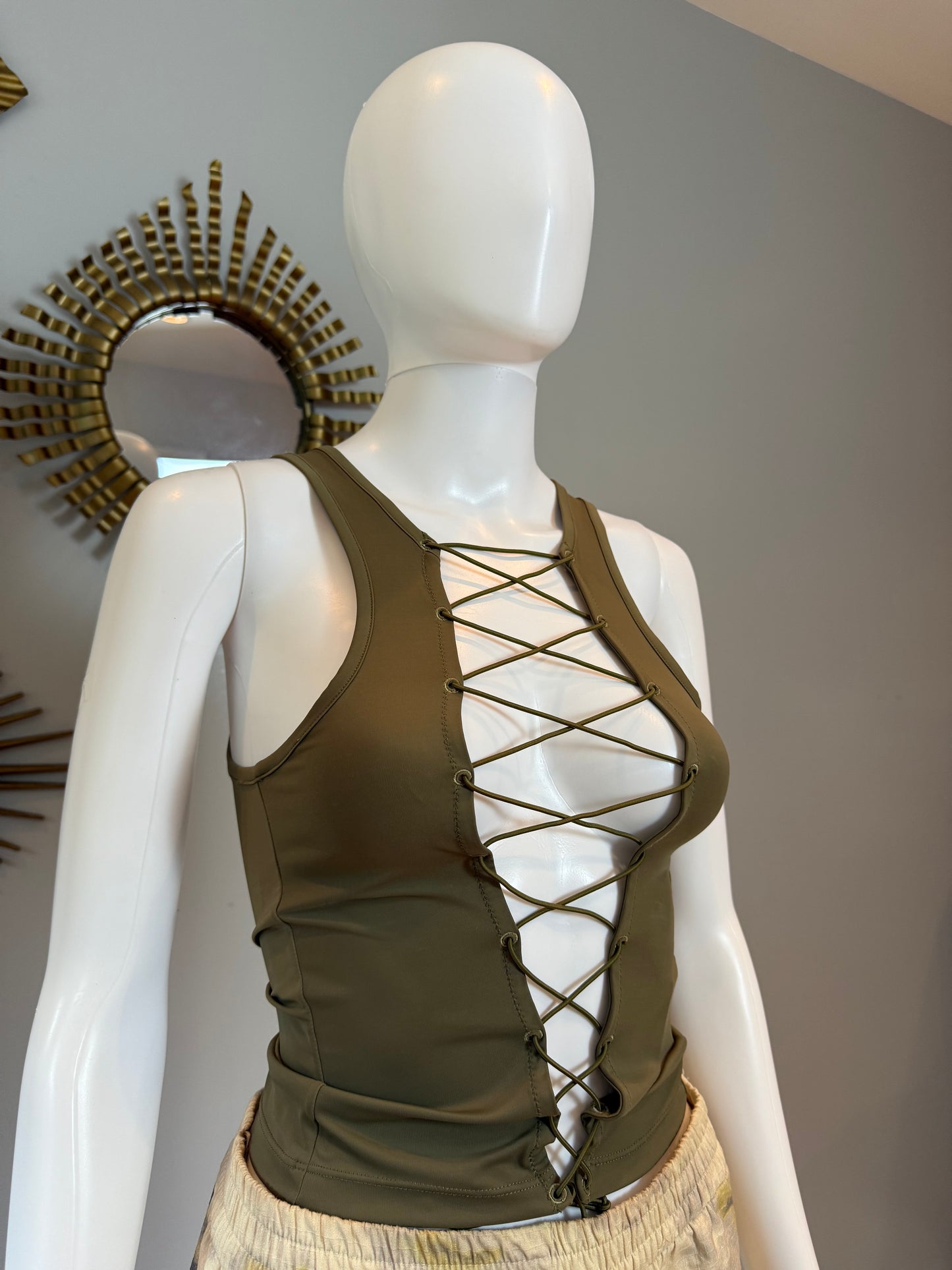 Miaou - Green Moss Lace Up Tank Top