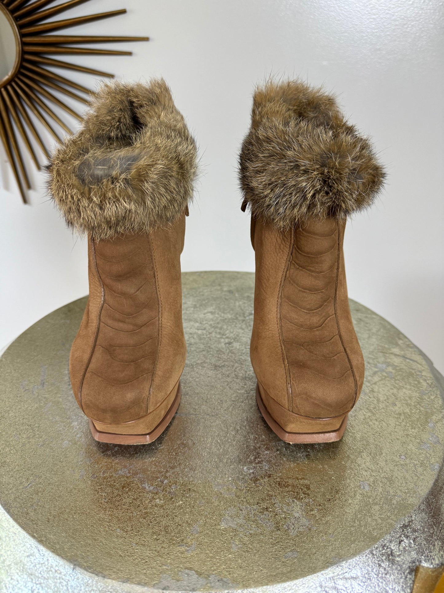 YSL - Tan Tribute Suede Booties With Fur Cuff