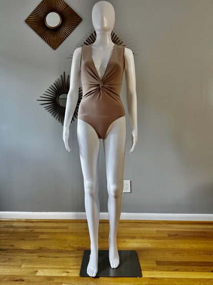 Tan Deep V Bodysuit w/ Front Knot Detail