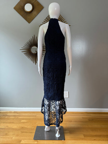 Missguided - Blue Lace High Neck Fishtail Dress
