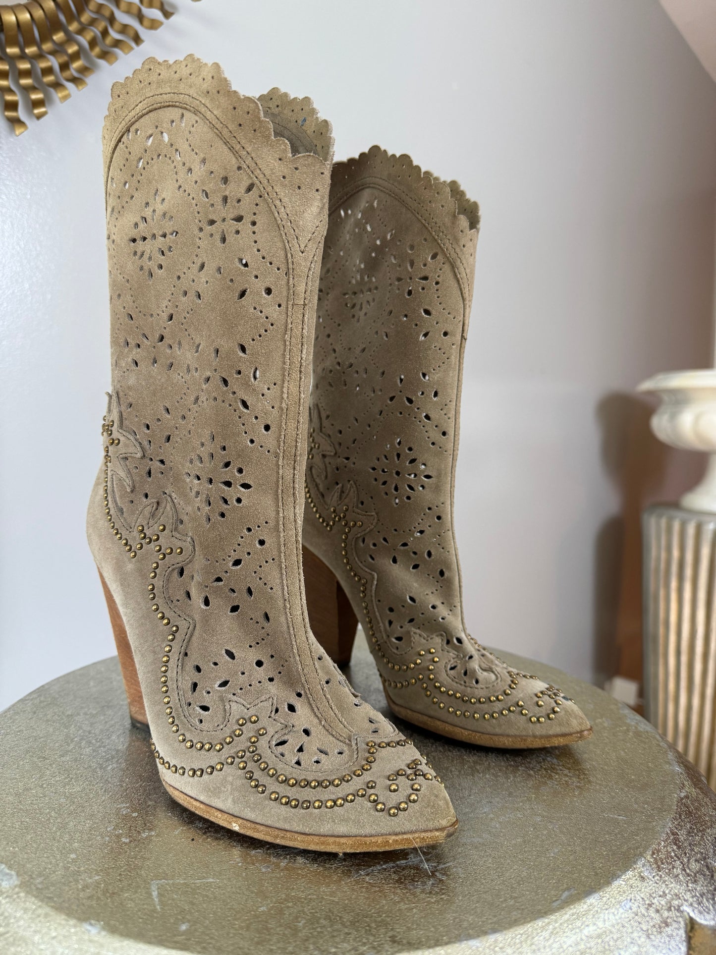 Dolce & Gabbana - Tan Laser Cut Suede Western Boots