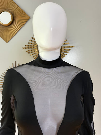 Mugler x H&M - Black Mesh Paneled Stirrup Bodysuit/Leggins Set