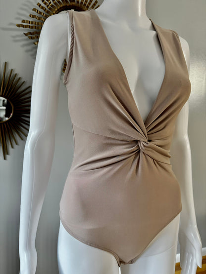 Tan Deep V Bodysuit w/ Front Knot Detail