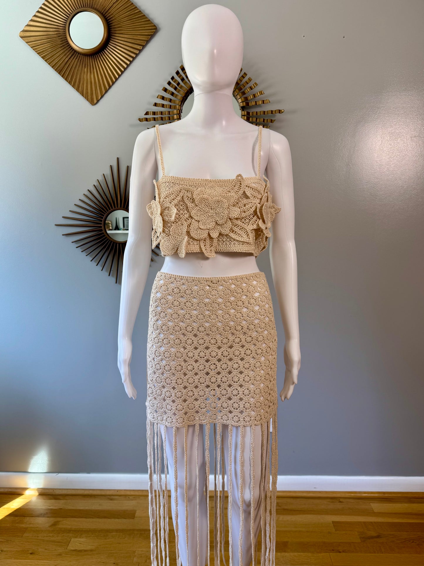 ZARA - Beige Flower Crochet Top & Skirt Set