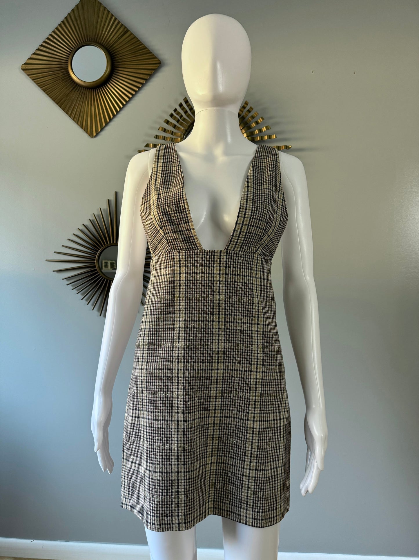 ZARA - Brown Plaid Pinafore Deep V Neck Dress