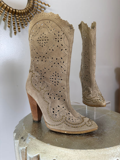 Dolce & Gabbana - Tan Laser Cut Suede Western Boots