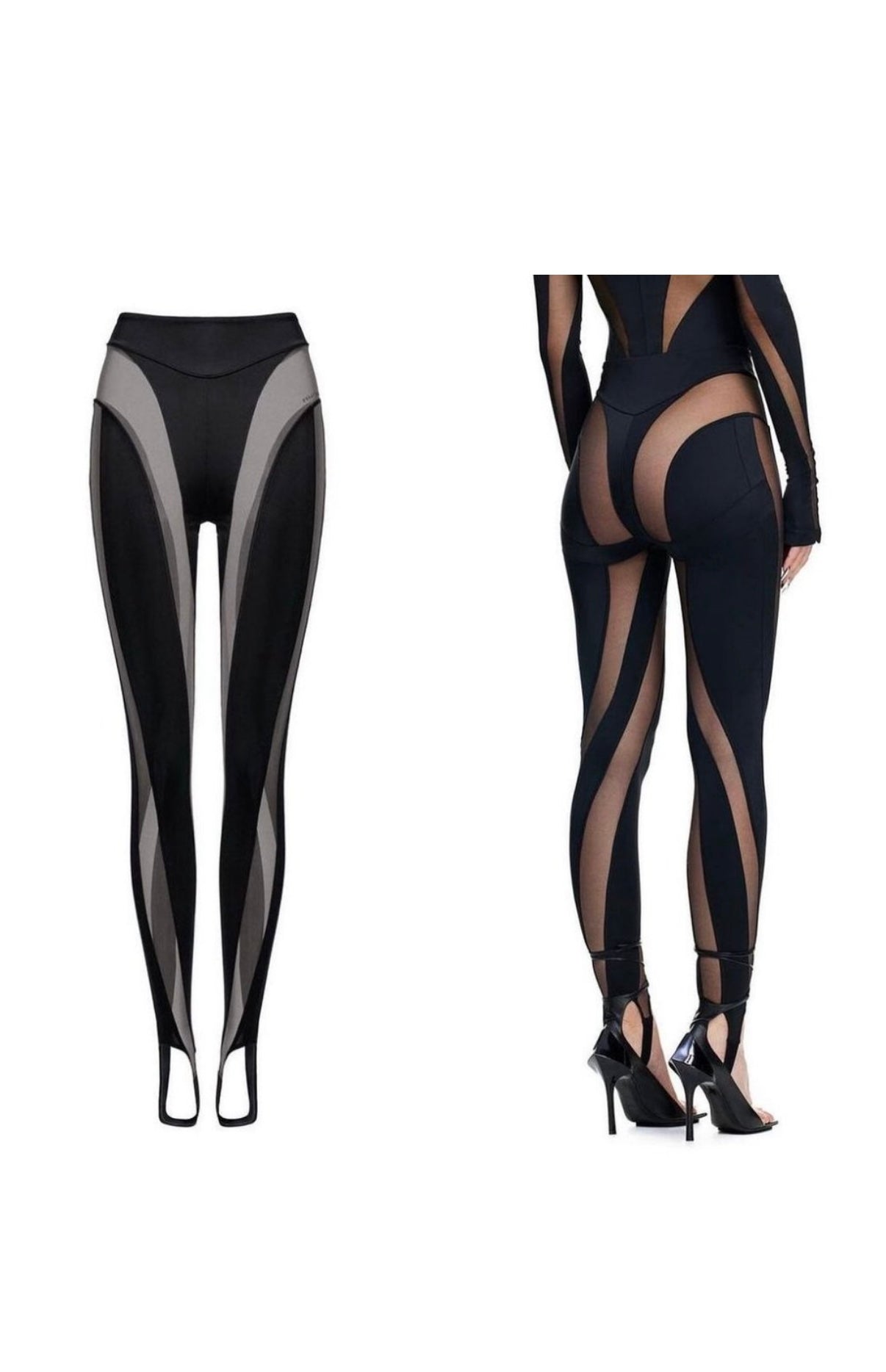 Mugler x H&M - Black Mesh Paneled Stirrup Bodysuit/Leggins Set