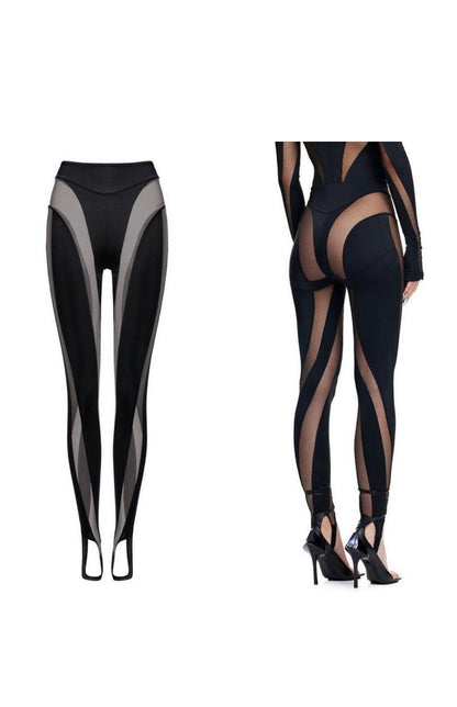 Mugler x H&M - Black Mesh Paneled Stirrup Bodysuit/Leggins Set