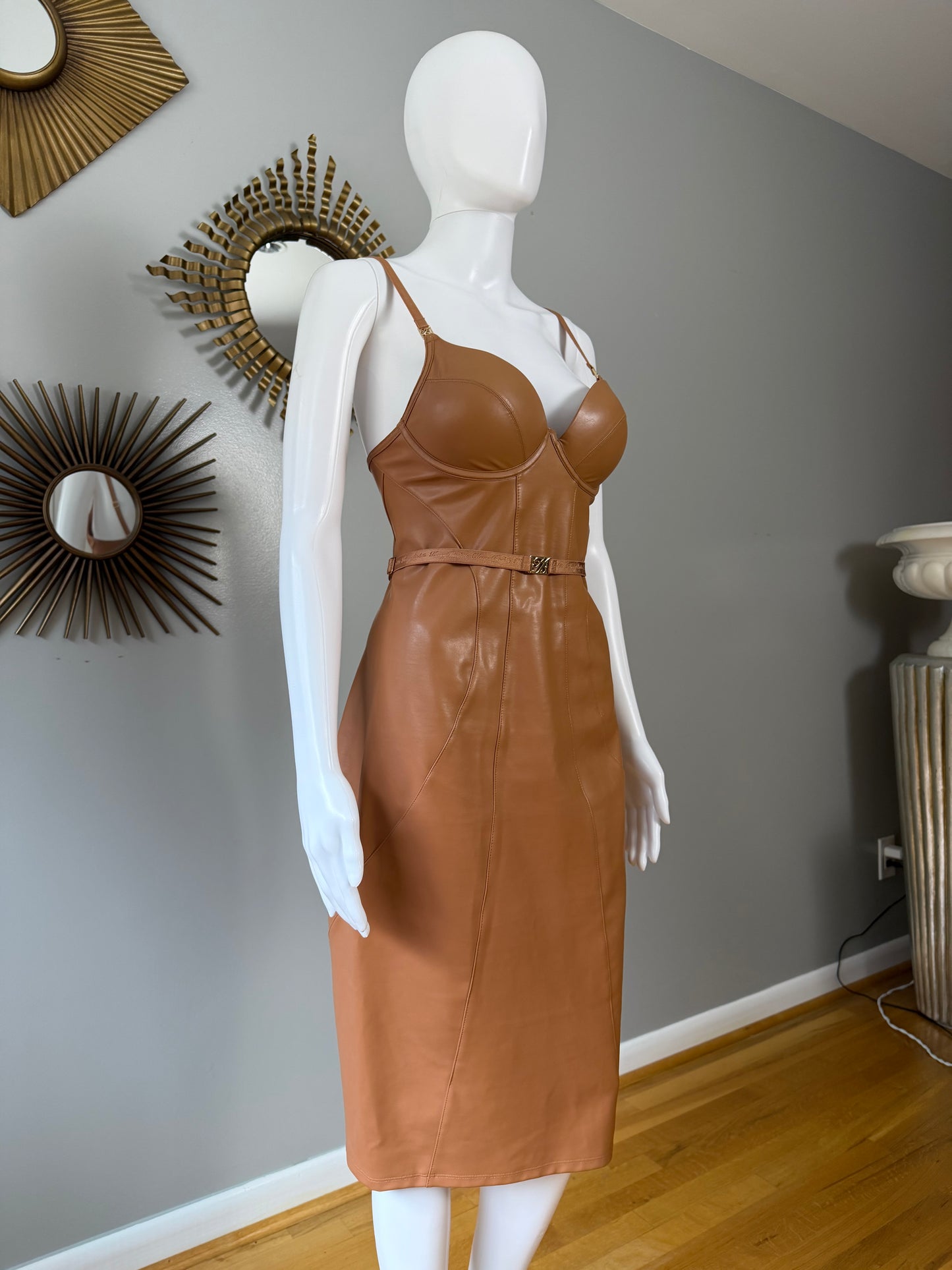 Honey Birdette - Tan Leatherette Midi Dress