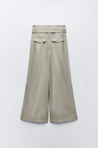 ZARA - Khaki High Waisted Wide Leg Pants With Belt