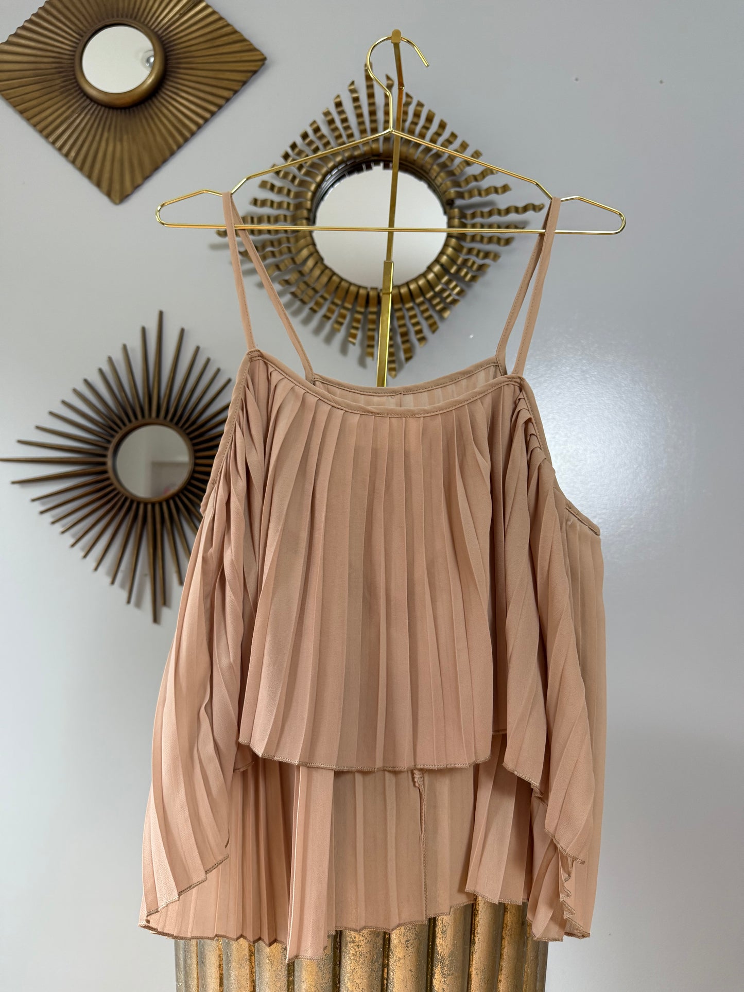 The Cove - Tan Pleated Top w/ Crochet Details