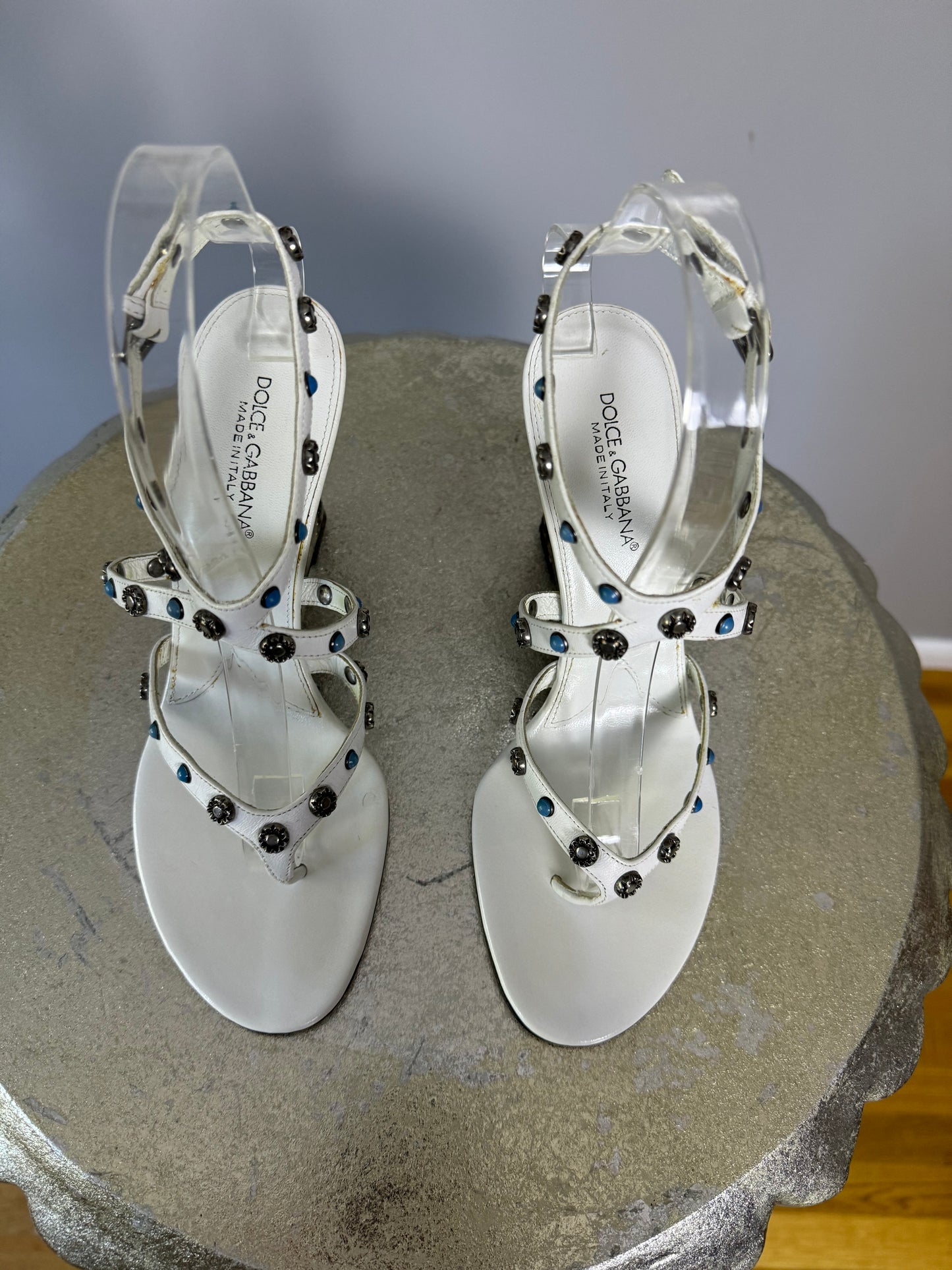 Dolce & Gabbana - White Leather Wedge Sandal With Silver Embellishment