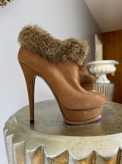 YSL - Tan Tribute Suede Booties With Fur Cuff