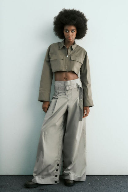 ZARA - Khaki High Waisted Wide Leg Pants With Belt