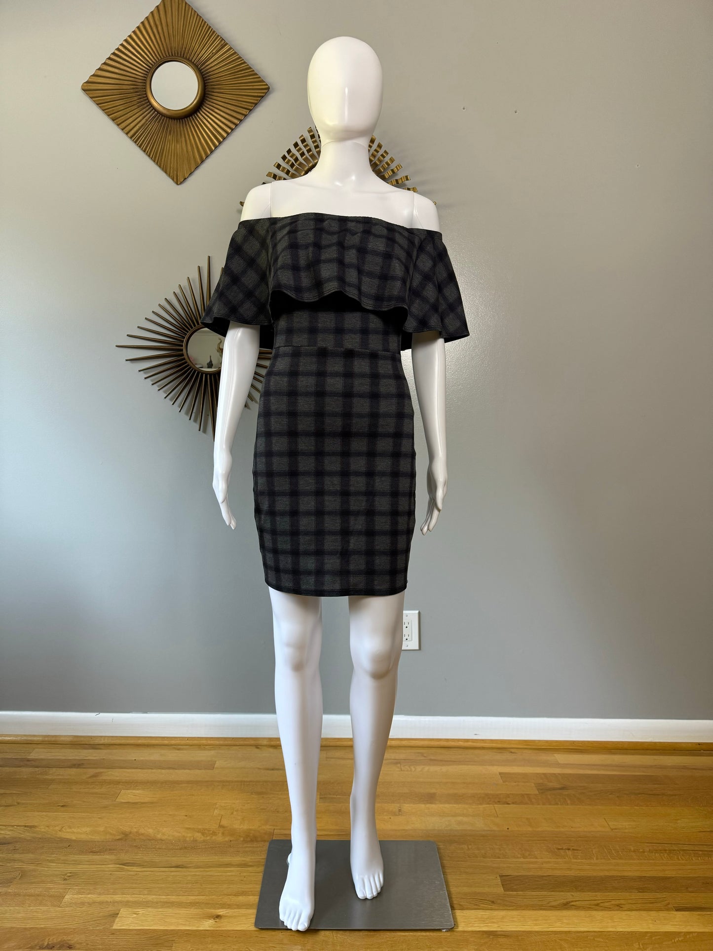 Lulu’s - Gray Plaid Off-Shoulder Dress